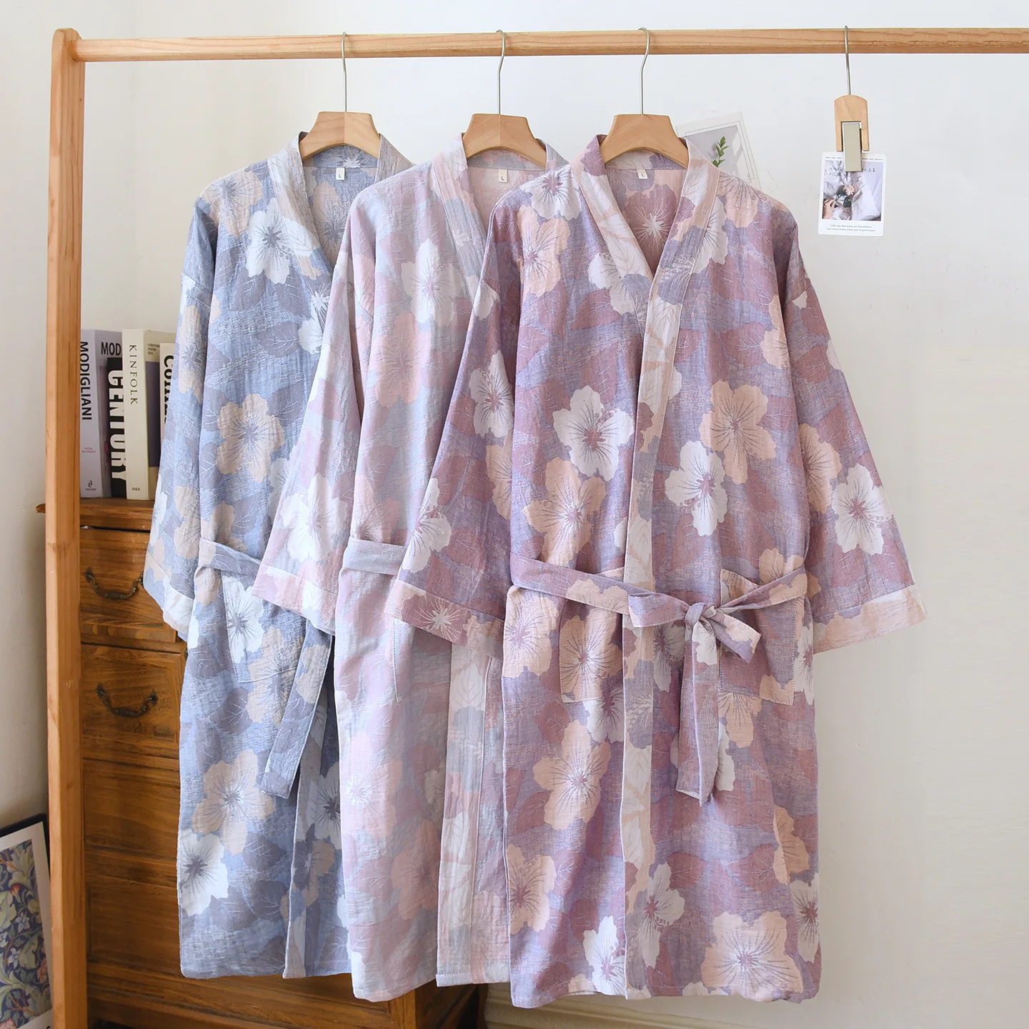 Print Women Kimono Robes Homewear Cotton Bathrobe for Spring Summer Thin Absorbent Quick Drying Bathrobes