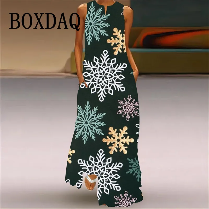 Winter Snowflake Print Women Dress Fashion Casual Christmas Party Evening Long Dress Sexy V-neck Sleeveless Tank Maxi Dress