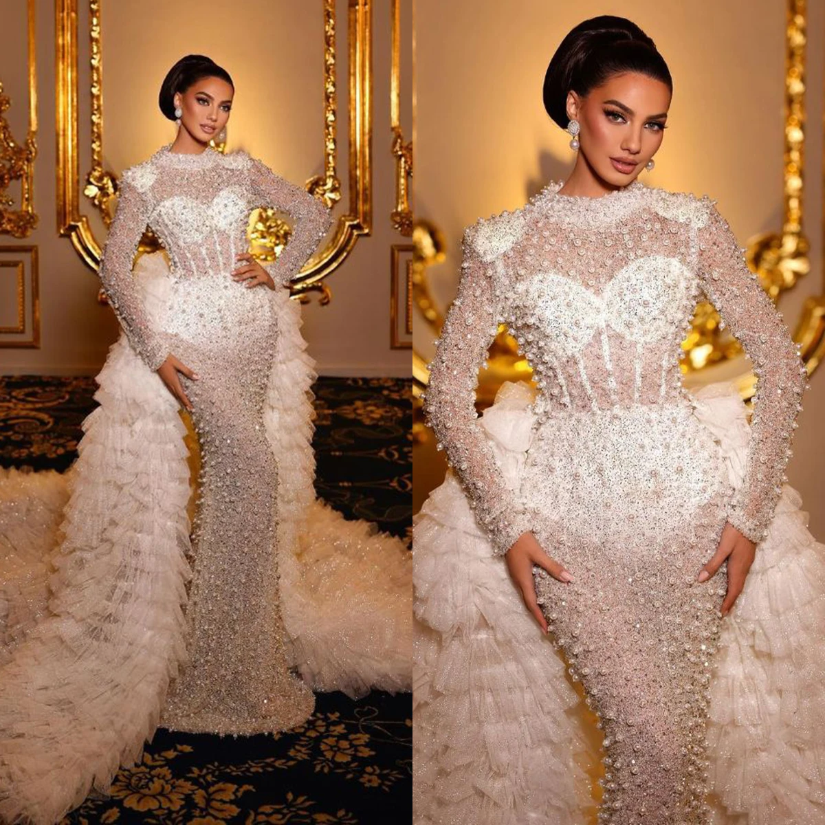 

Romantic Mermaid Wedding Dresses O-neck Sequined Pearls Pleats Shoulder Pad Detachable Train Bridal Customized Robe De Mariée