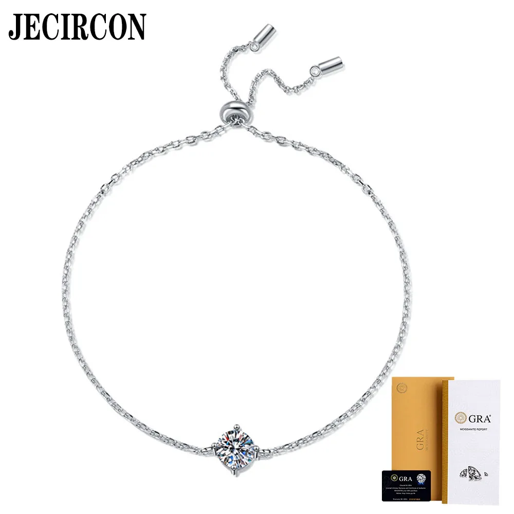 JECIRCON Women S925 Sterling Silver Bracelet 1 Carat Moissanite Classic 4-claw Light Luxury Fashion Push-pull Adjustment Chain