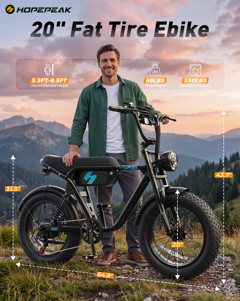 Hopepeak D20 Electric Bike, 20" Fat Tires Electric Mountain Bike, 1800W Peak Motor 48V 15.6Ah, 28 MPH 75Mi Range Off-Road Ebike with Full Suspension image 11