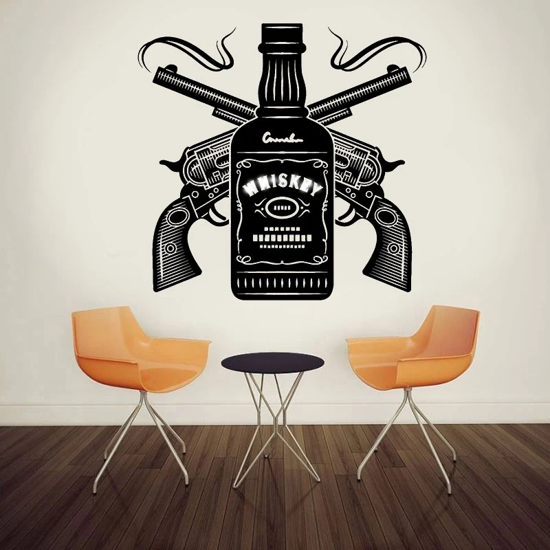 High quality vinyl wall stickers, bar decoration, wine bottle double gun decals, home and restaurant fashion art wall stickers