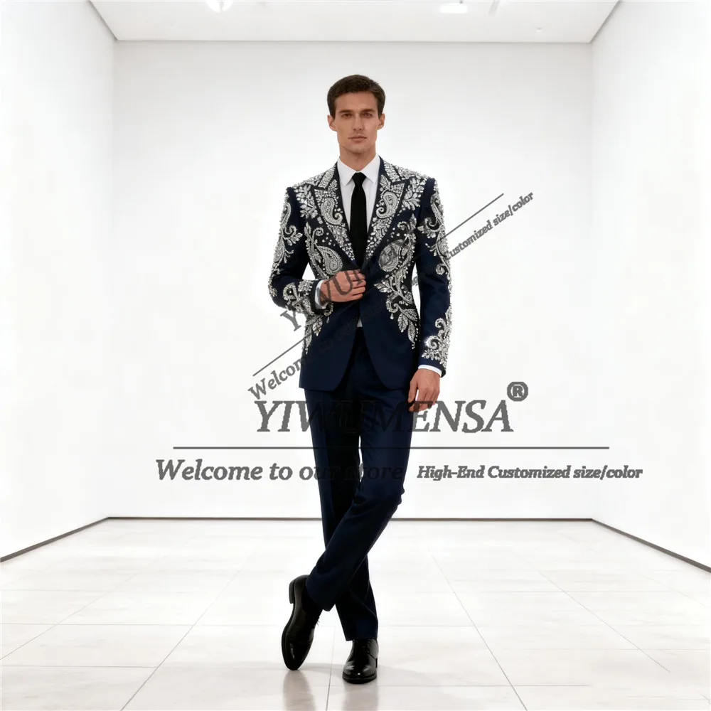 

Роскошный костюм со стразами и бисером для мужчин, приталенный свадебный смокинг по индивидуальному заказу, комплект из 2 предметов, мужской пиджак для жениха, Ternos Completo