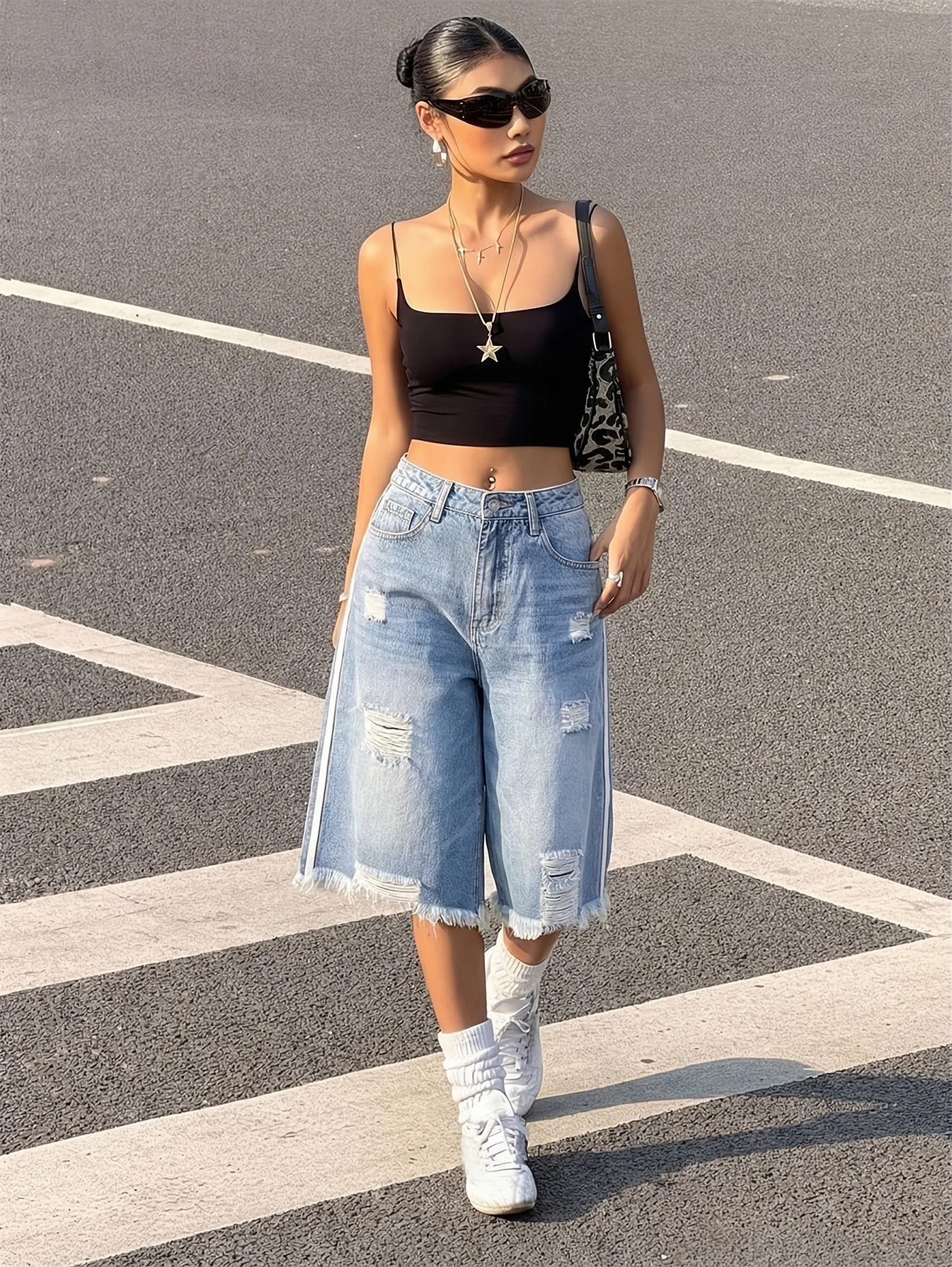 Women High Waist Ripped Distressed Denim Culottes Side White Stripe Fringe Raw Hem Loose Wide Leg Knee Length Jean Shorts With P view 6