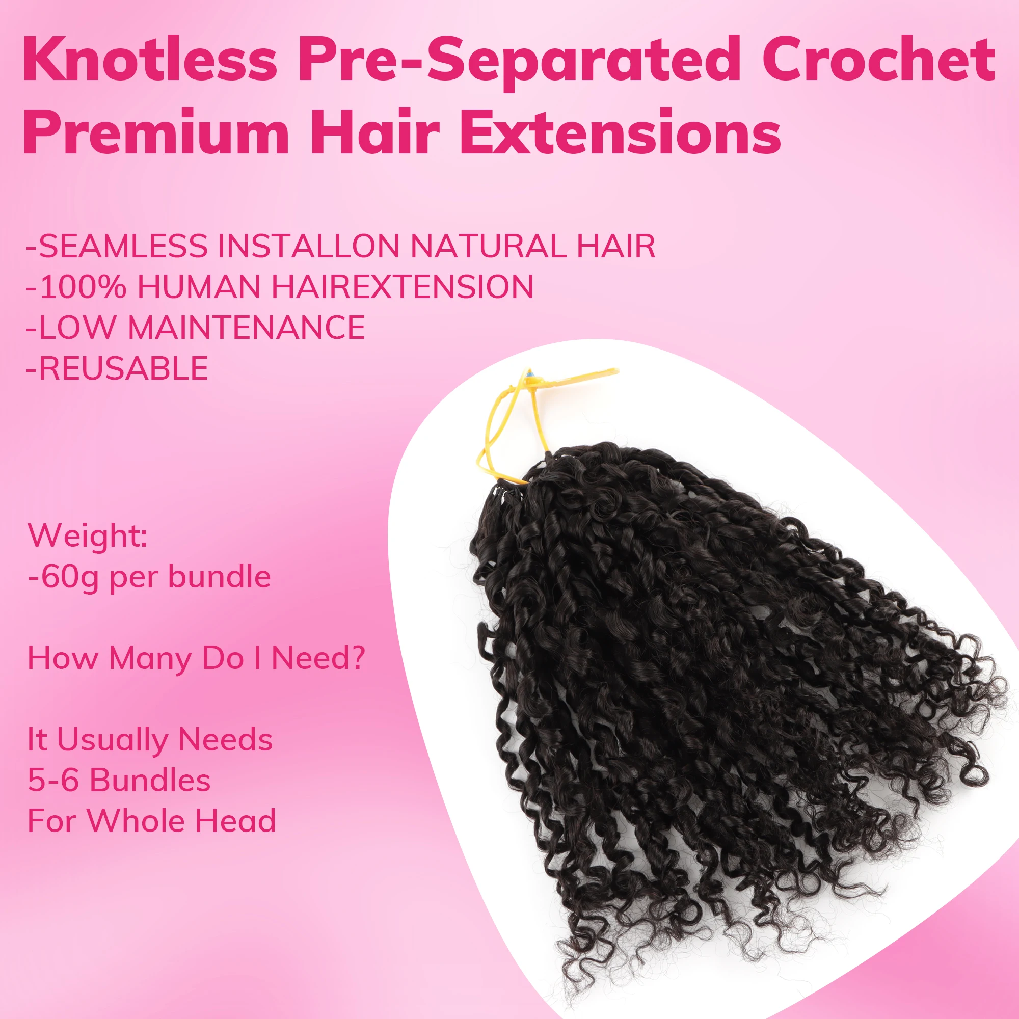 New Virgin Remy Hair Extension Feathering Tip Crochet for Pixie Curly Braiding Human Hair Bundle 60g