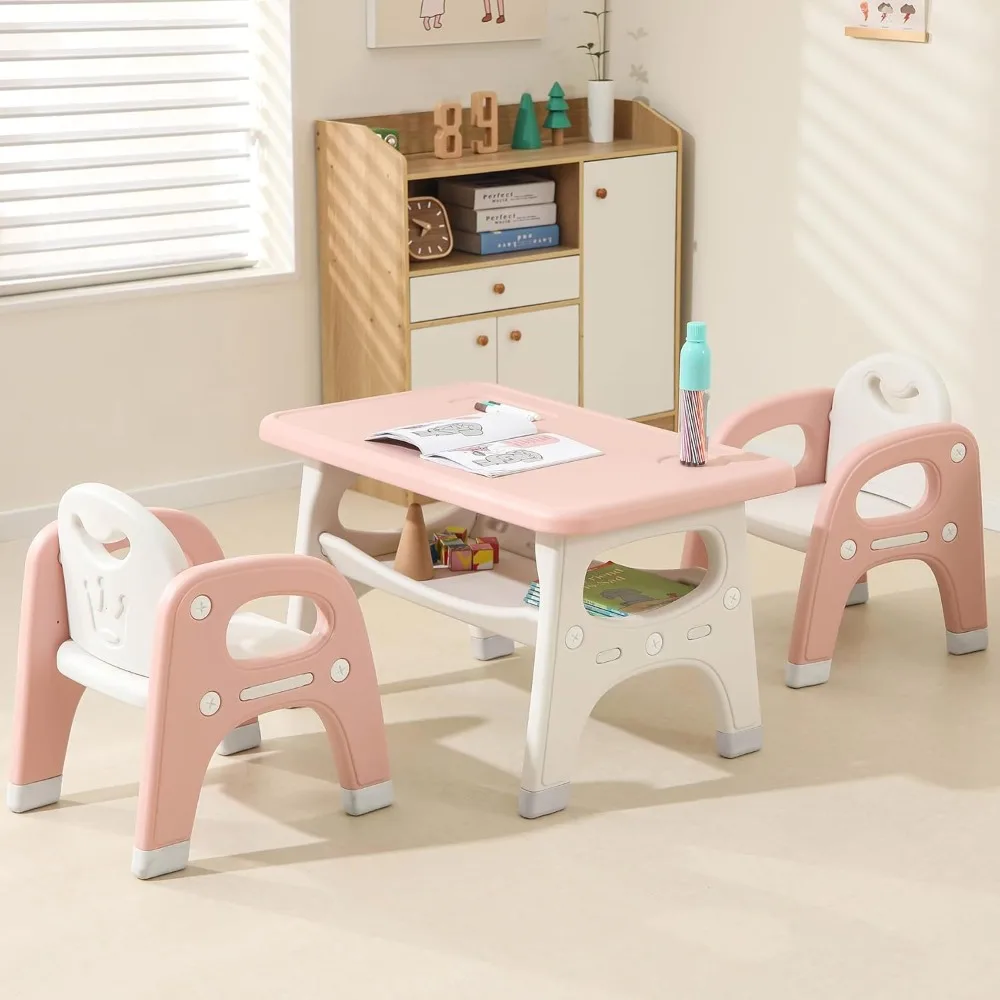 

Kids Table and 2 Chairs Set, Toddlers Table and Chairs Set with Large Built-in Storage Shelf, Kids Activity Table for Reading