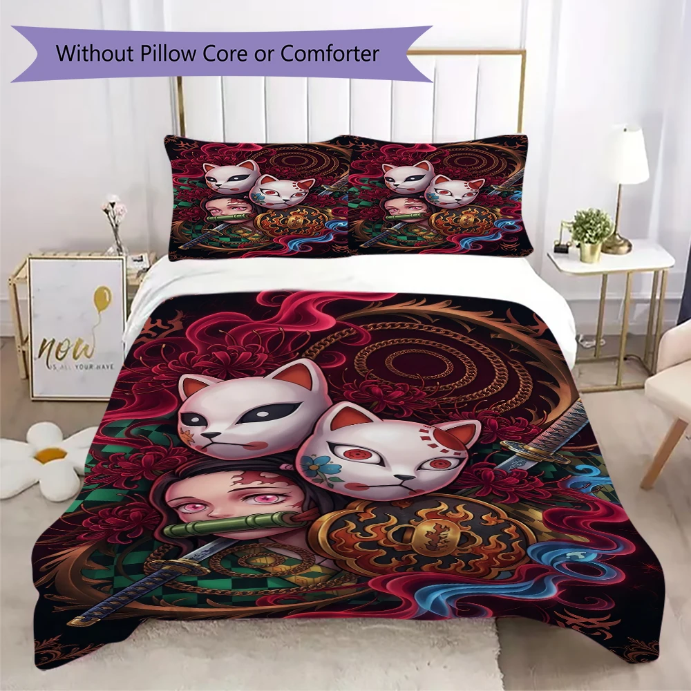 Pillowcase & Duvet Cover Set Demon Slayer Patterned  Anime Bedding for Stylish Bedroom Decor Ideal Lovers Gift.-Xin