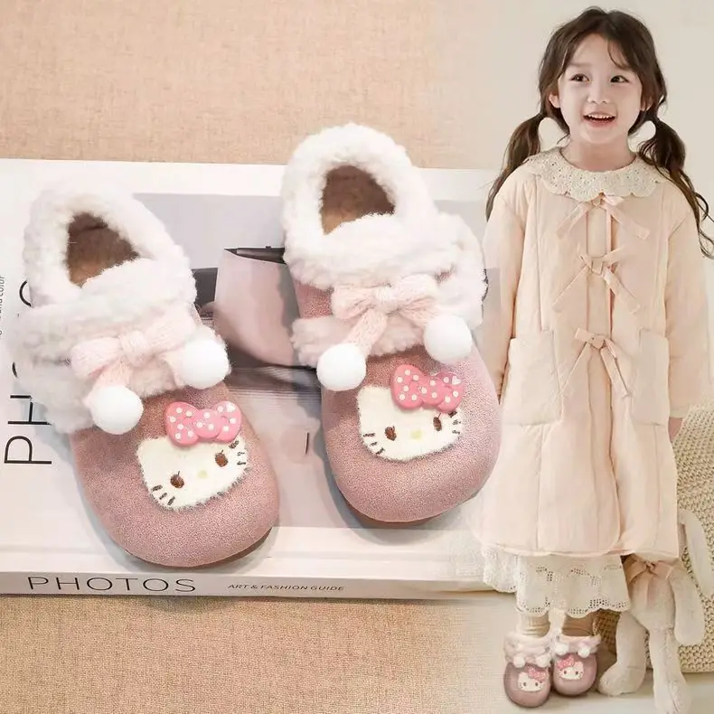 

Зимняя детская обувь Hello Kitty, теплые детские зимние сапоги Sanrio Kawaii на флисовой подкладке, подарок на плоской подошве с героями мультфильмов для девочек и малышей на липучке