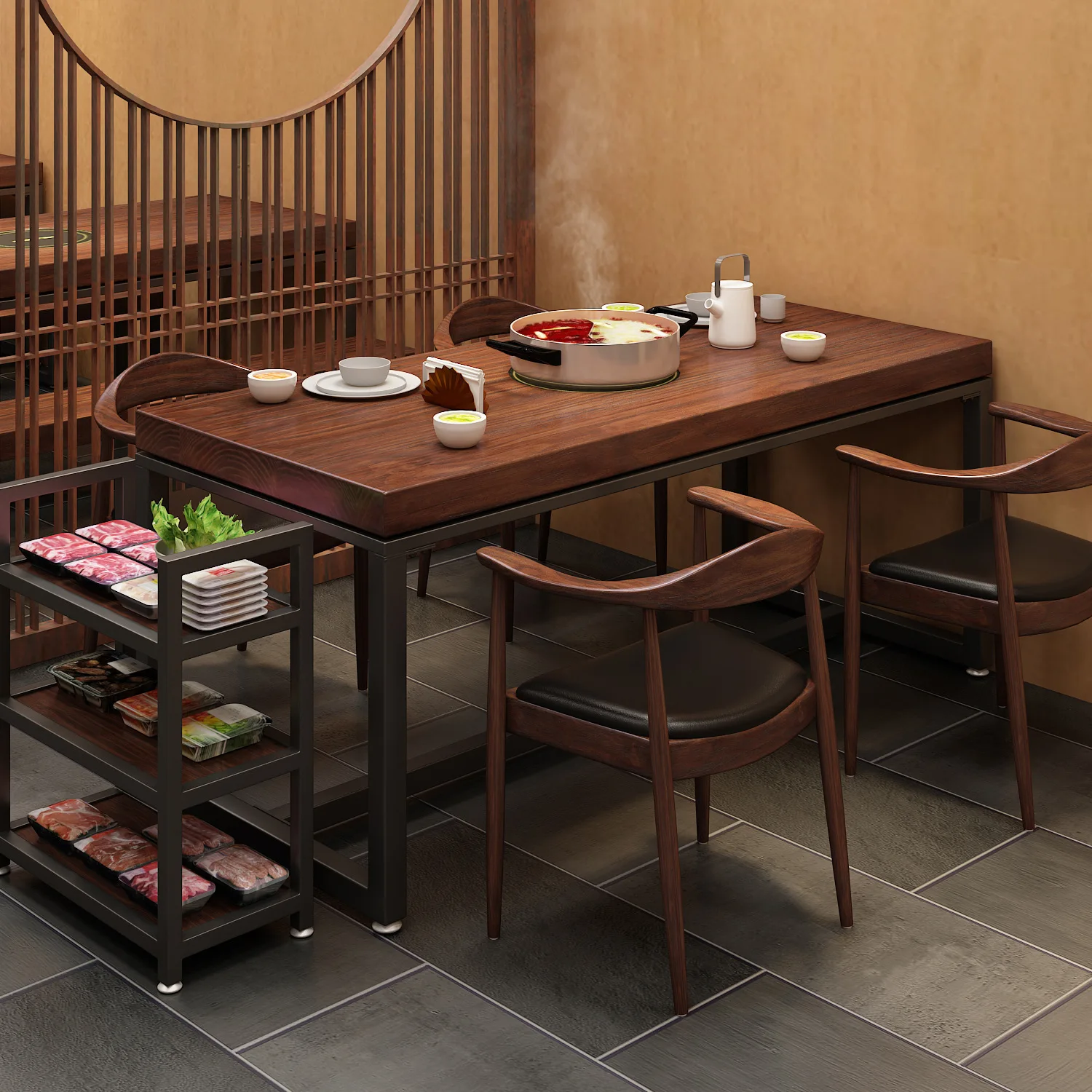 Solid wood dining table and chair combination Hot pot restaurant wrought iron barbecue table rectangular eating table