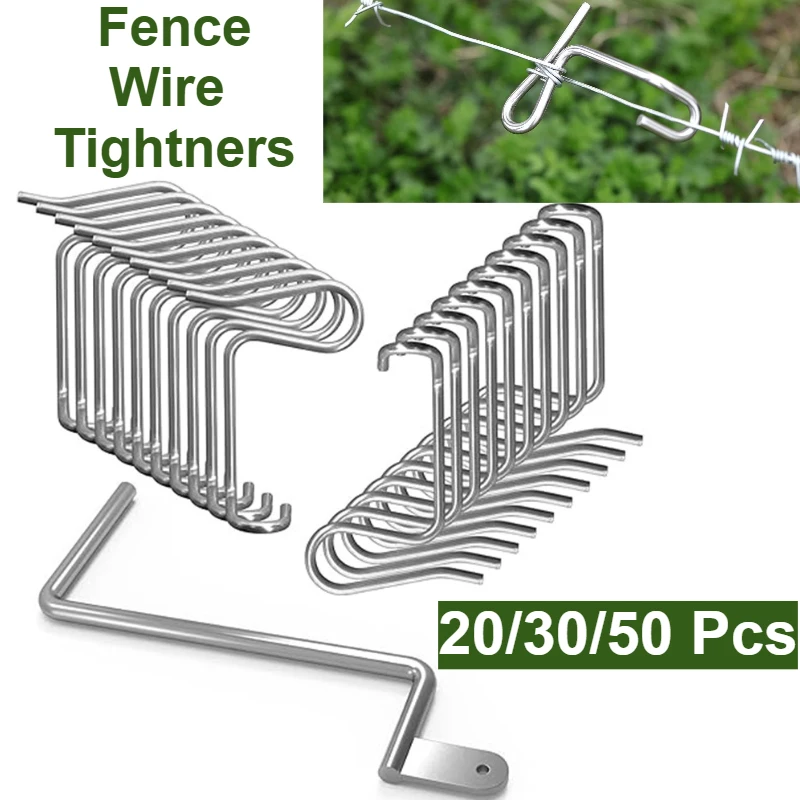 20/30/50Pcs Fence Wire Tightener Tool with 1 Tighteners Handle Stainless Steel Barbed Tensioners Metal Barb Wire Fixing Tools