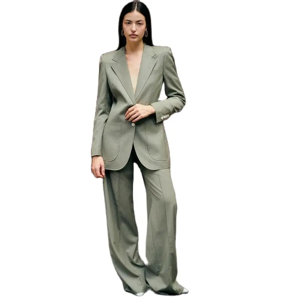 Luxury Green Suit for Women Single Breasted Notch Lapel 2 Piece Jacket Pants Female Clothing Slim Fit Office Lady Blazer Set