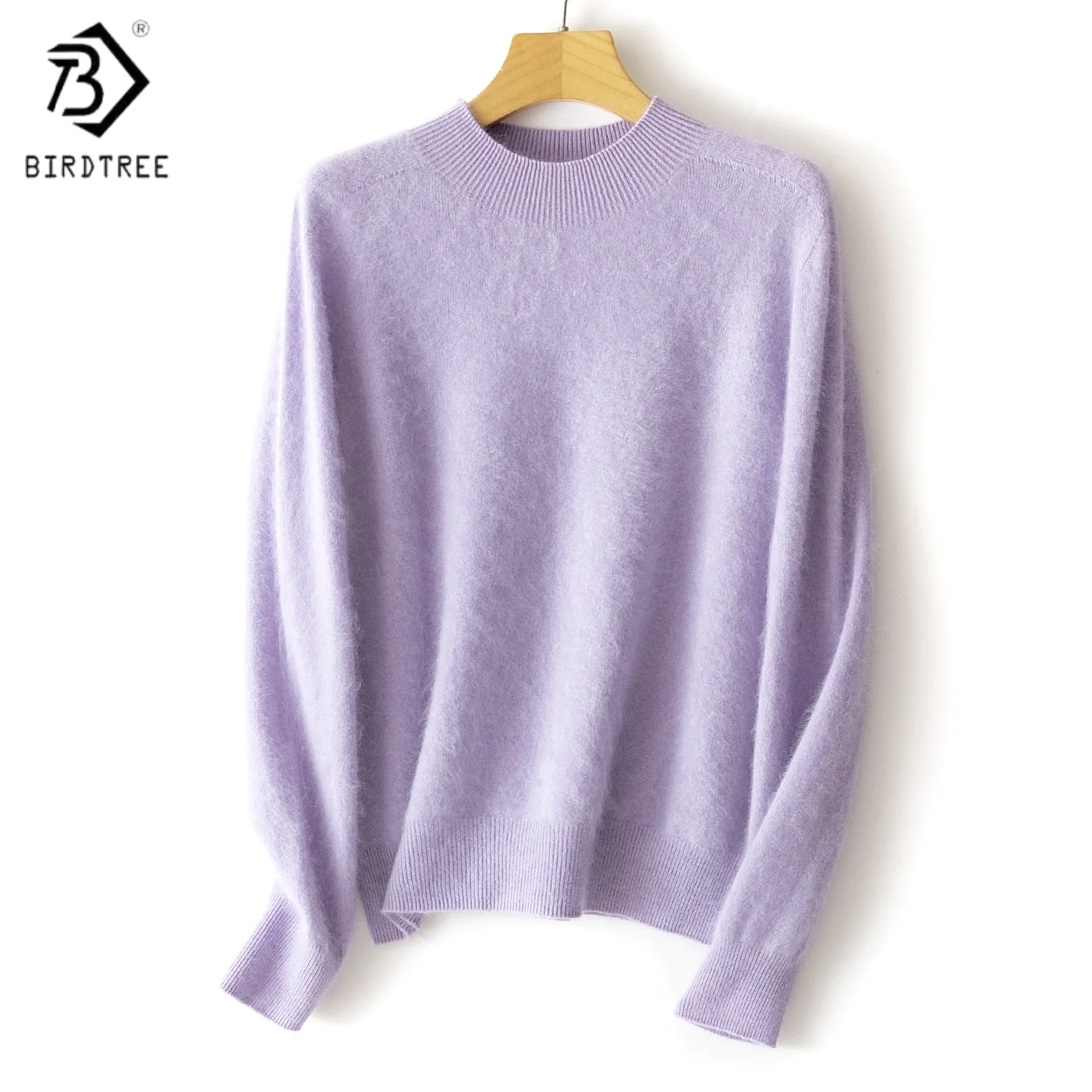 

Birdtree, 95% овечья шерсть, 5 % кашемировый свитер, женские вязаные теплые топы, длинный рукав с воротником-стойкой, однотонный пуловер осень/зима T5N222JF