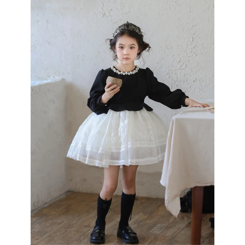 

Girls' Long Sleeve Lace Flared Dress2025Autumn New Style Girl's Elegant Pearl Collar Princess Dress Cake Dress
