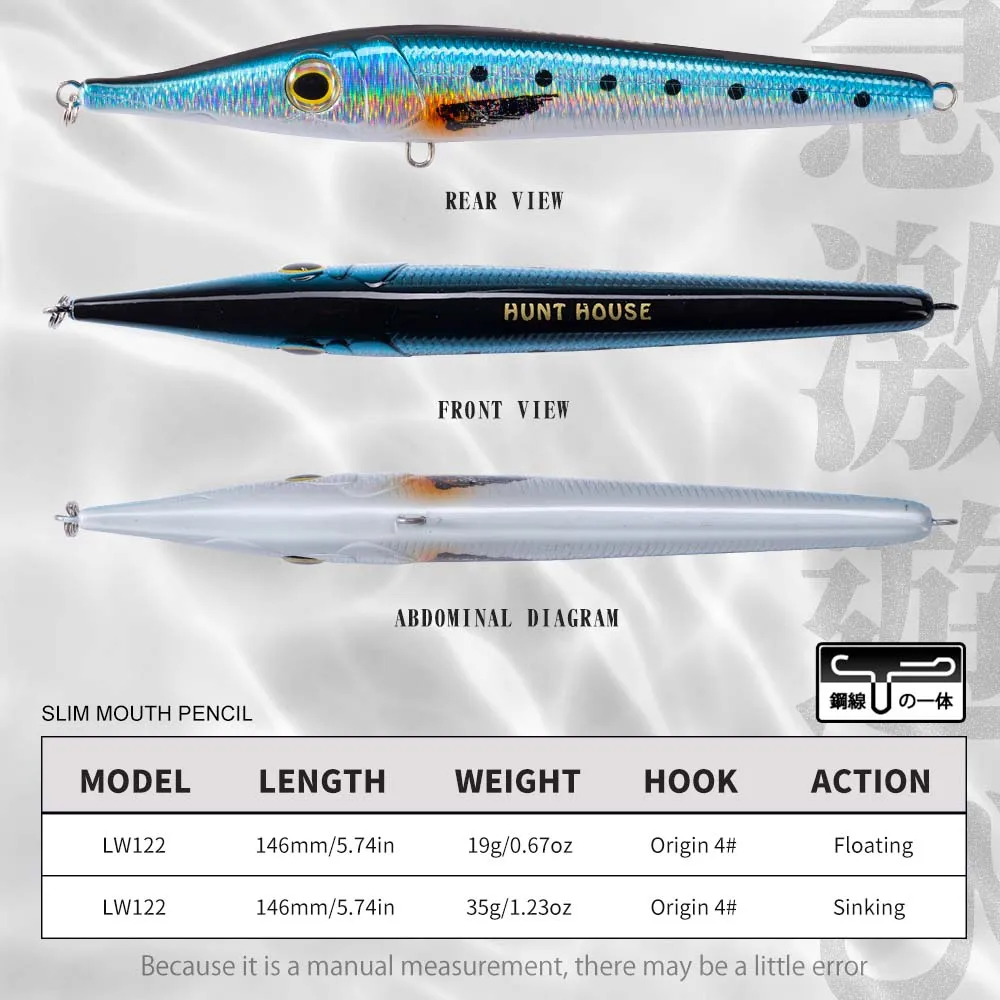 Hunthouse Needle Zargana 146mm 35/19g Pencil Lures Long Cast Pencil Baits Floating Sinking Fishing Topwater Lure For Bass Tuna