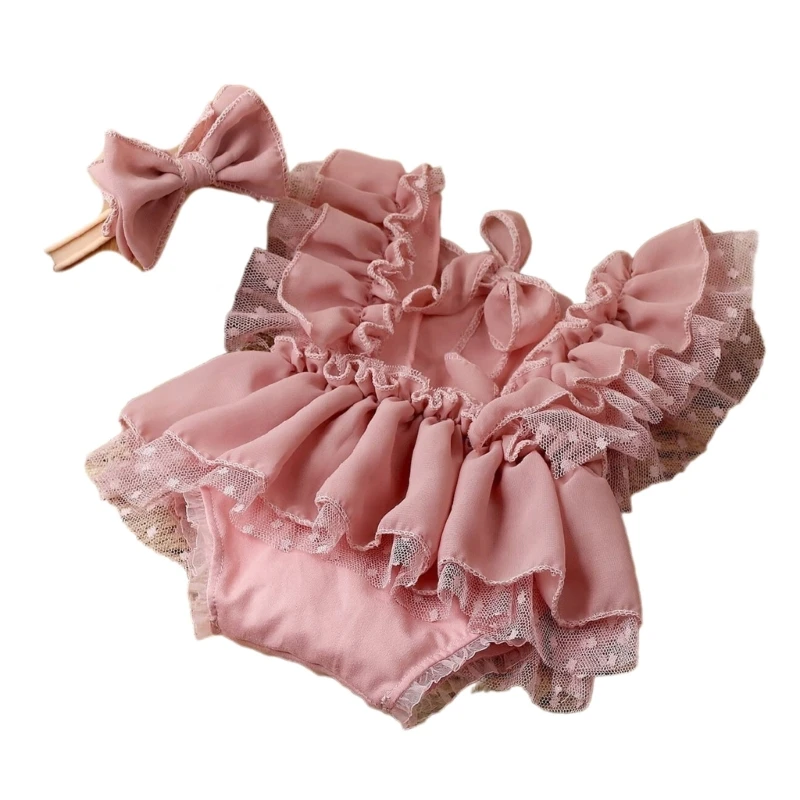 

Newborn Photoshoots Set Lace Romper Dress Bowknot Headband Photo Props Girl Photo Costume Infant Photography Suit 2PCS