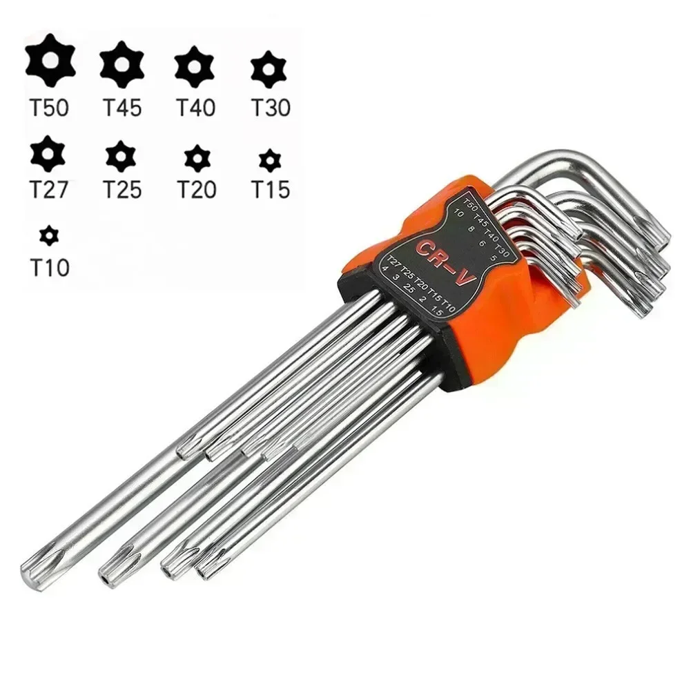 9-teiliges Torx-Schlüsselschlüssel-Doppelend-Schraubendreher-Inbusschlüssel-Set aus Chrom-Vanadium-Stahl T10-T50 für automatische mechanische Reparatur von Handwerkzeugen