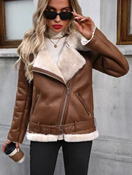 Fitaylor Winter Women Faux Fur Leather Jacket Casual Lady Thick Warm Leather Jacket High Street Motorcycle Outwear