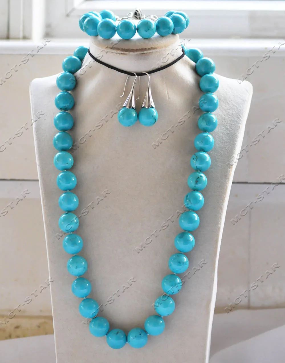 

Z13102 Set 16mm Round Blue Green Round Turquoise Bead Necklace Bracelet Earring