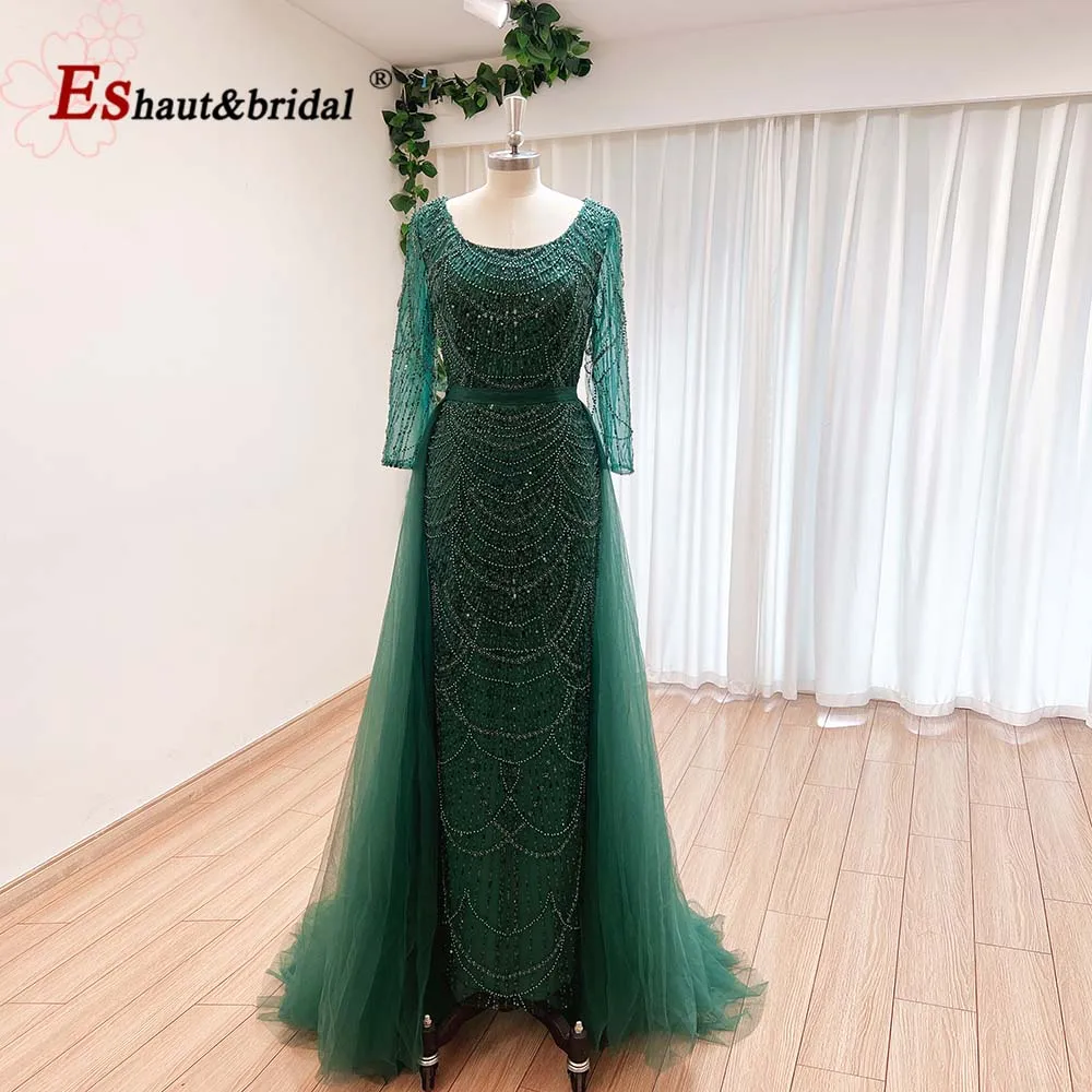 Elegant Mermaid Pearls Evening Dress for Women 2024 Long Sleeves Detachable Train Formal Prom Weddding Party Gowns Customized