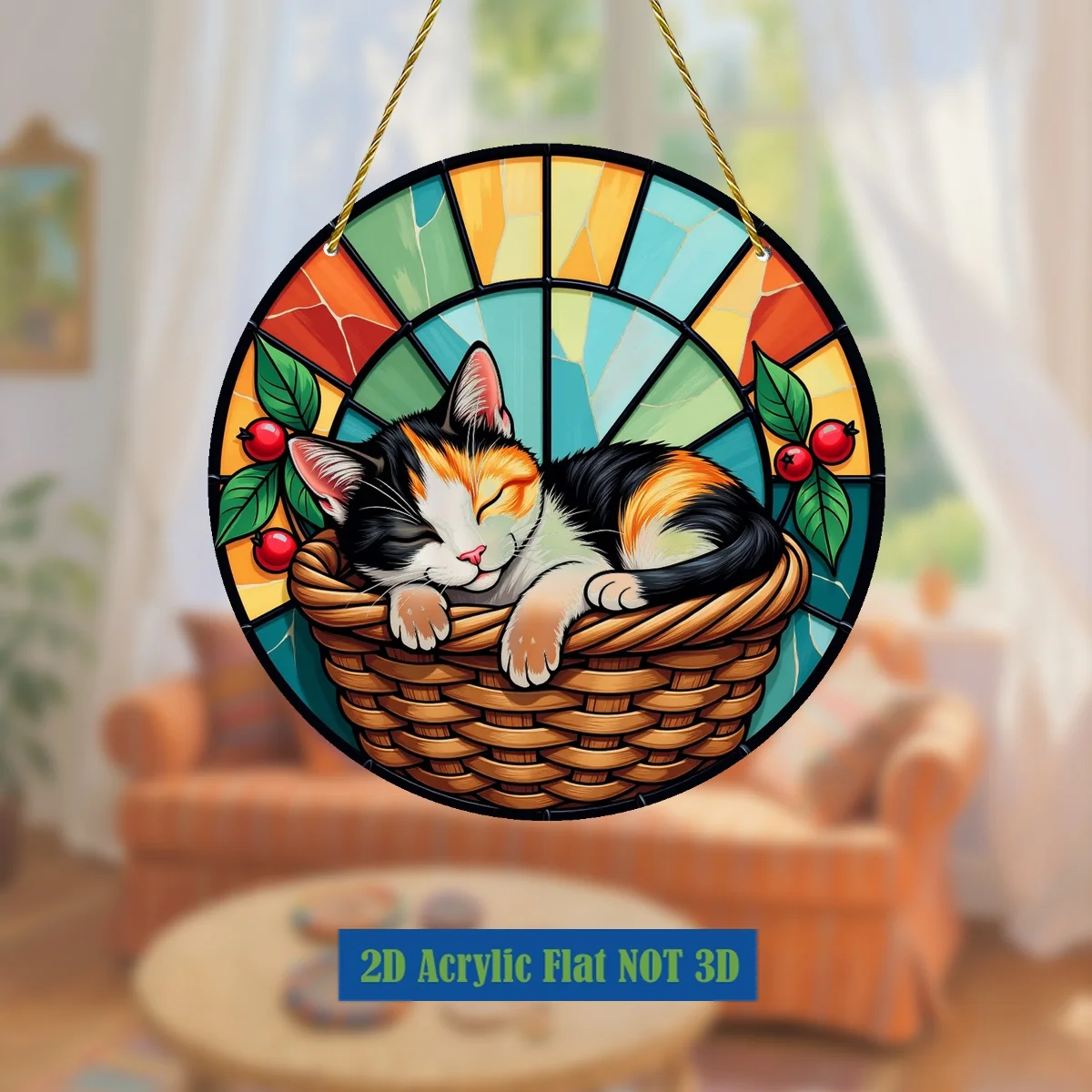 Acrylic Painting Stained Glass Style Sleeping Calico Cat in Wicker Basket with Red Berries Plastic Window Hanging Suncatcher, 2D