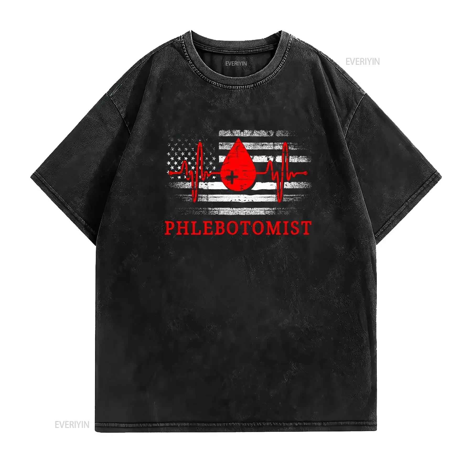 Vintage Patriotic Phlebotomist Distressed American Flag EKG Blood Drop Print Casual T Shirt vintage Washed Stylish