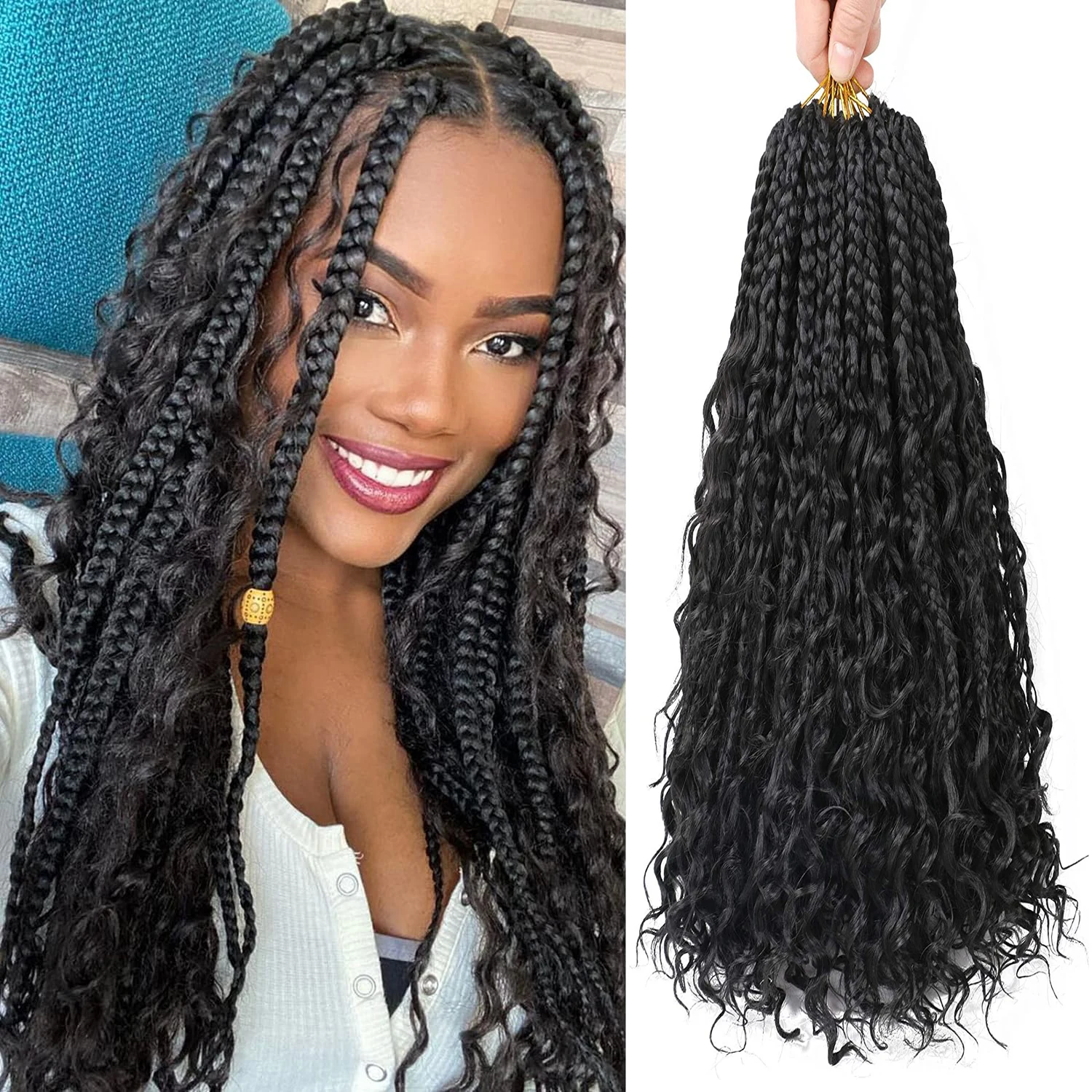 Synthetic Goddess Box Braids Crochet Curly 14Inch Boho Box Braids Crochet Hair Bohemian Bob Box Braid Hair Extension for Women