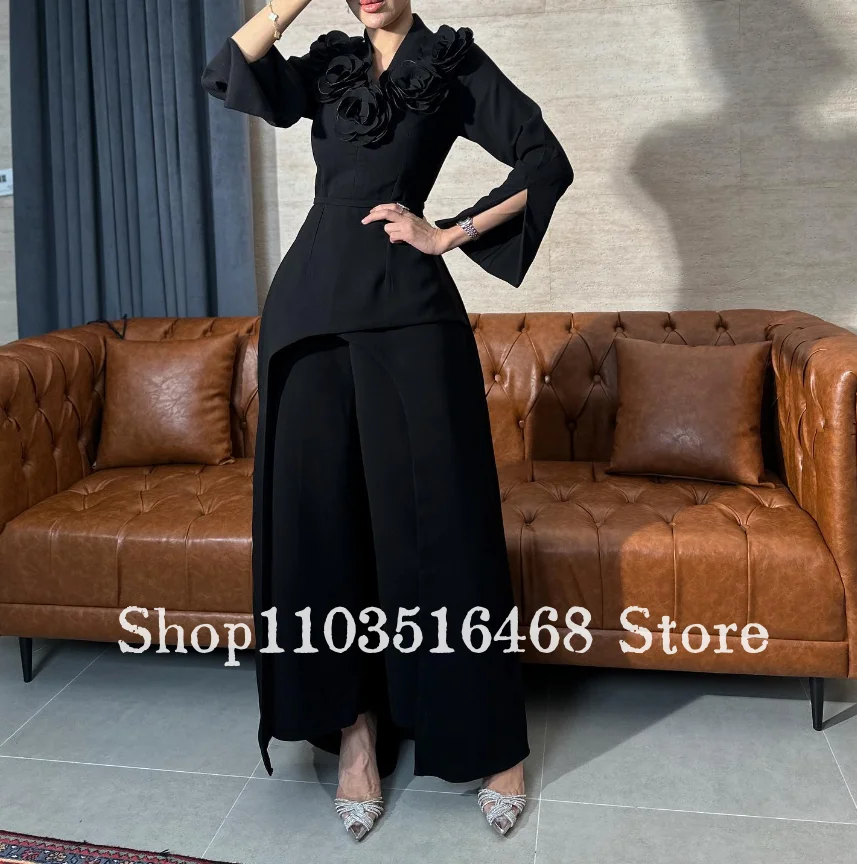 Black Suit Fabric Evening Dress With 3D Flower Decoration V-neck Flared Long Sleeves And Irregular Side Decoration Customised