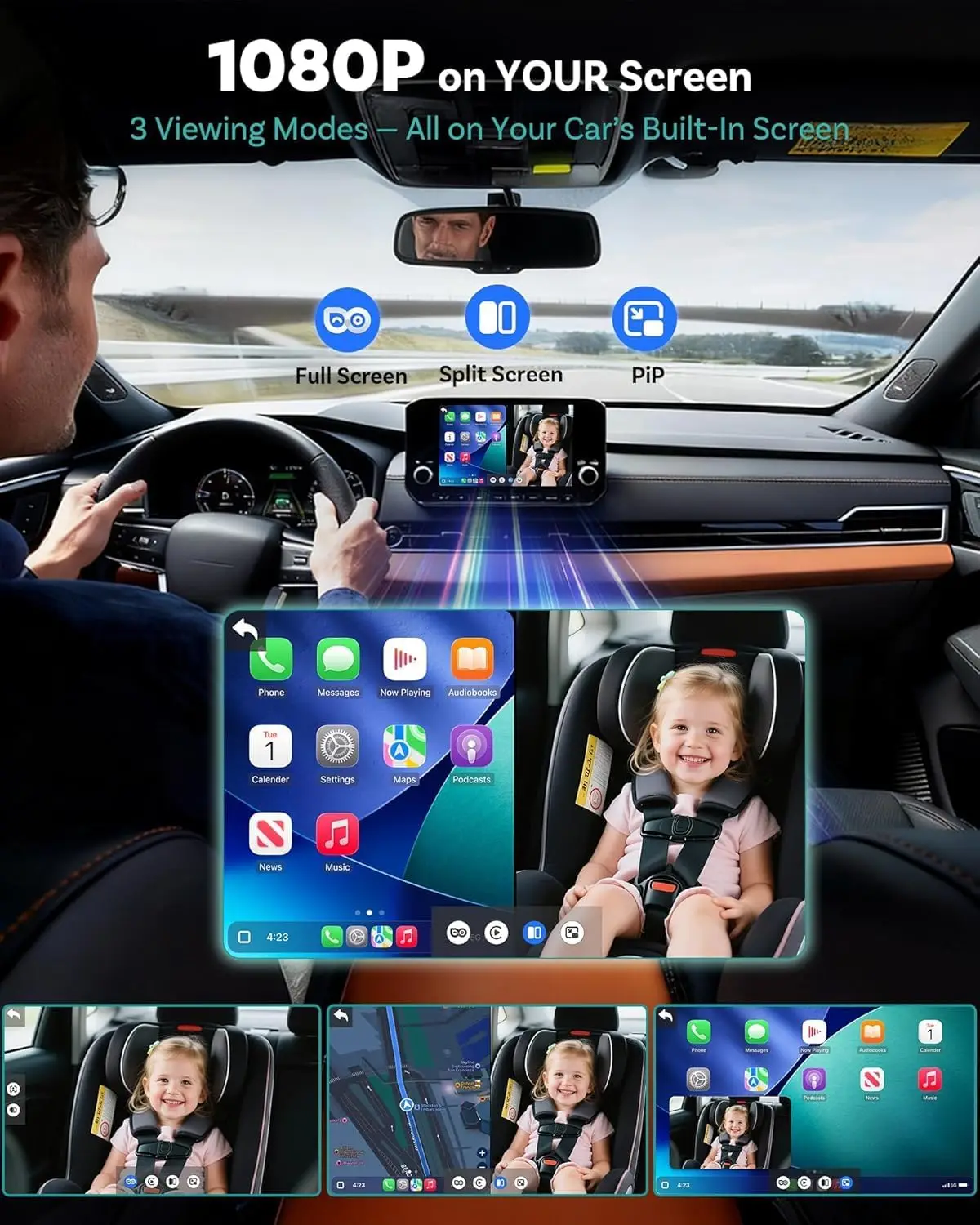 Wireless Carplay Adapter with Baby Car Camera Monitor 1080P Split Screen OTA Upgradable Plug & Play for Backseat Safety