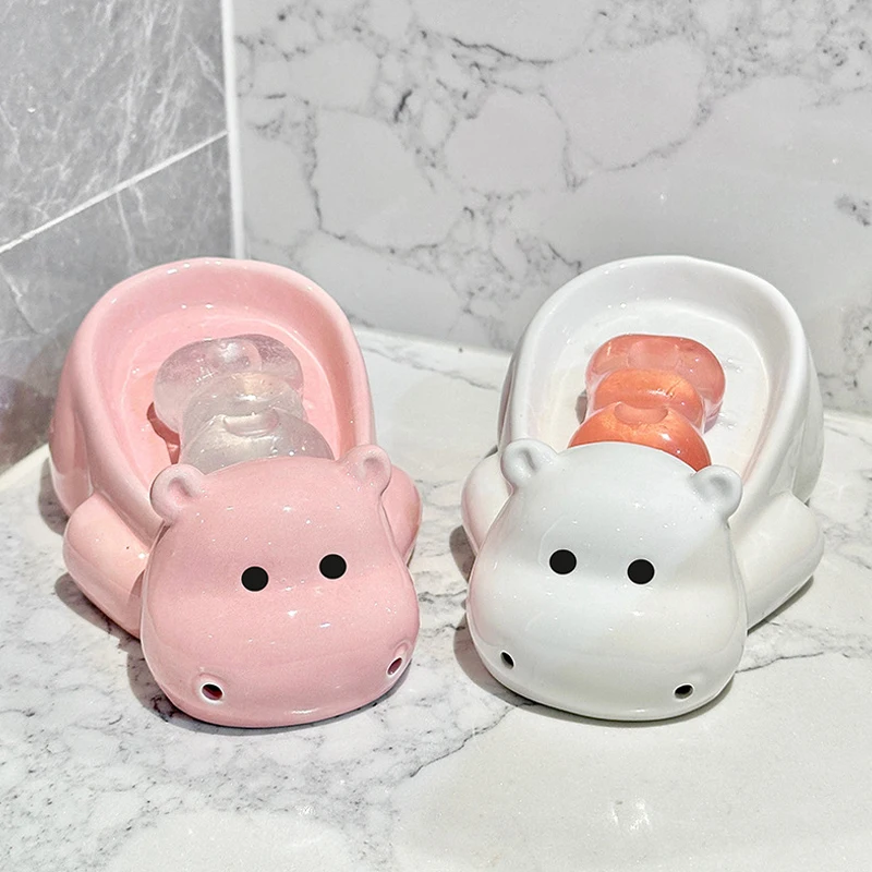 

Portable Cute Hippo Soap Box Creative No Water Drain Soap Shelf Cartoon Free Punching Ceramic Soap Dish Home