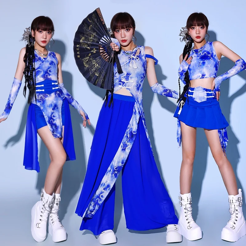 2024 Chinese Style Jazz Dance Performance Costumes For Women Group Gogo Dancers Outfits Blue Kpop Clothing Stage Wear DQS16401