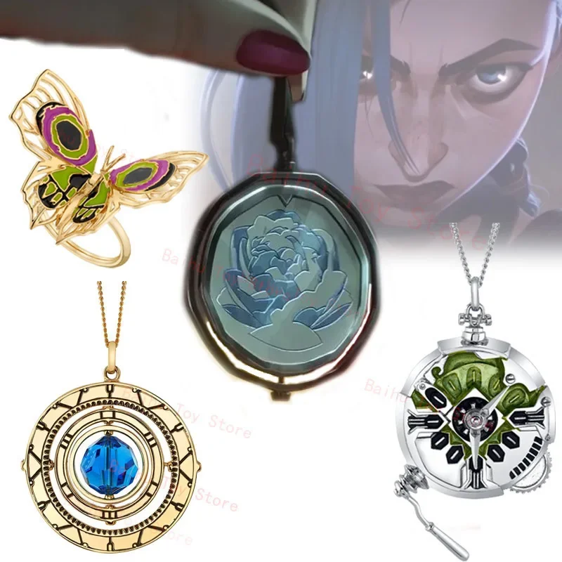 Arcane Season 2 Powder Necklace Anime Arcane Jinx Ekko Rotating Blue Rose Pendant Cosplay Prop Toy Fans Boys Gift For Girl