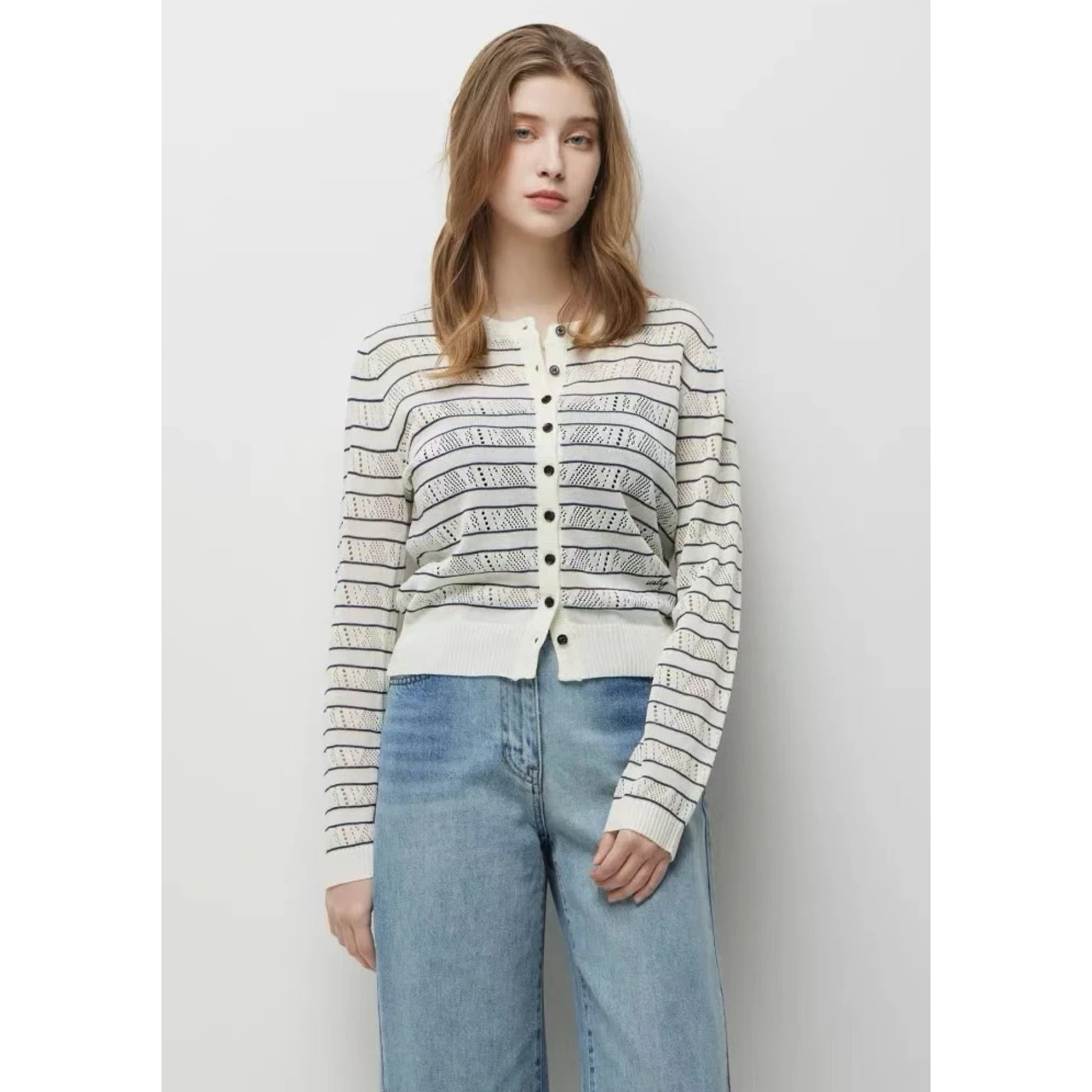 Slim Fit Long Sleeve Knitted Open Cardigan Hollow out Stripe Pattern round Neck Thin Style Versatile Lemon Cheese SIS26 Early...