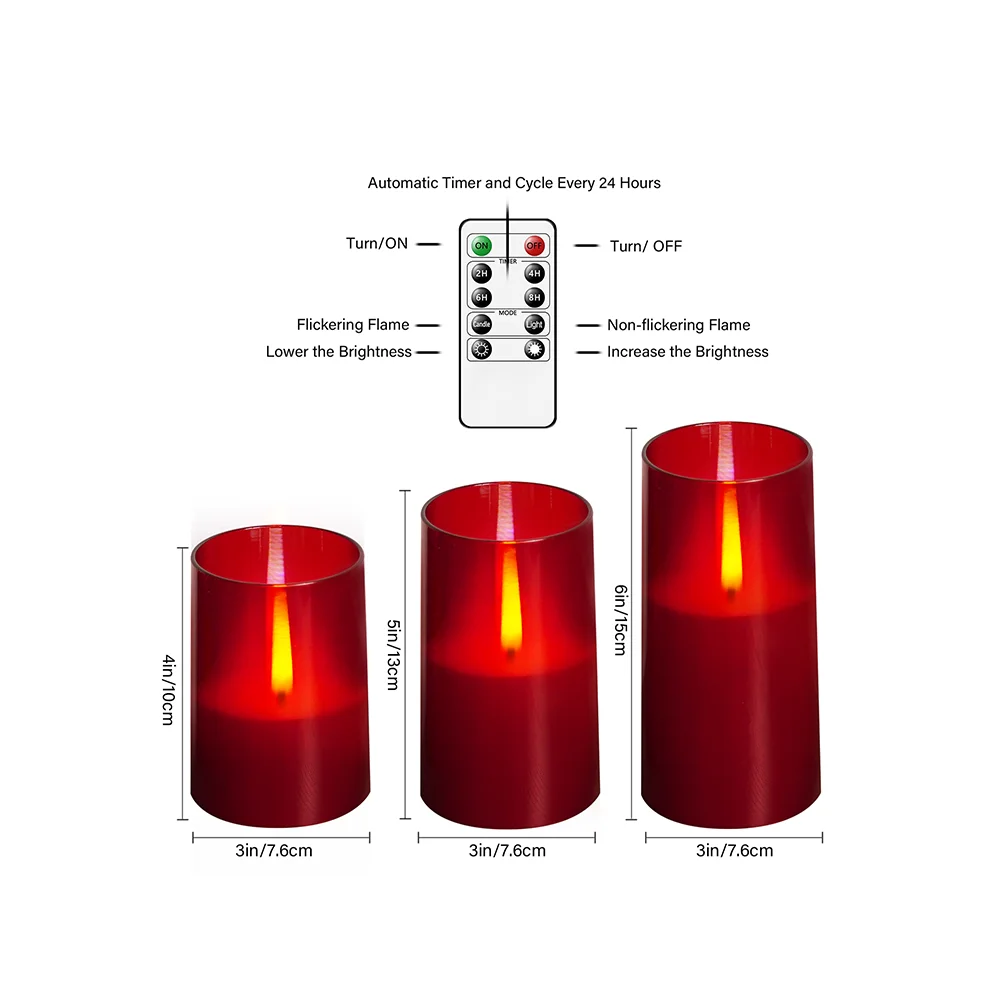 Red Acrylic Flameless LED Candles Flickering Timer Dimmable for Christmas New Year Romantic Dinner Wedding Birthday Party Candle