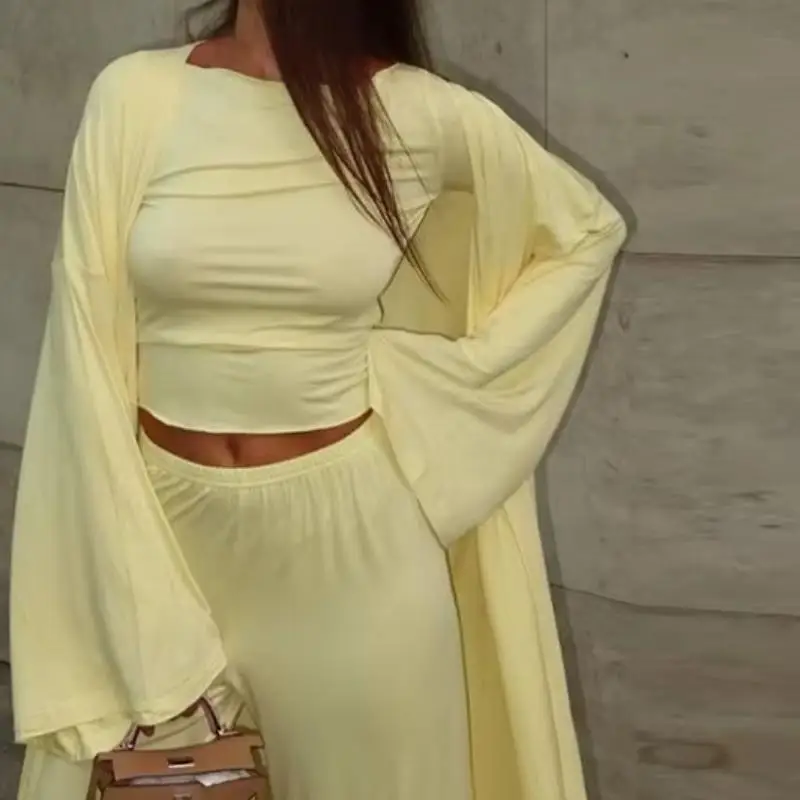 

Women's Casual Long Sleeve Cardigan Set Summer Korean Style High Waist Pants Solid Color Fashion Outfit 3 Piece