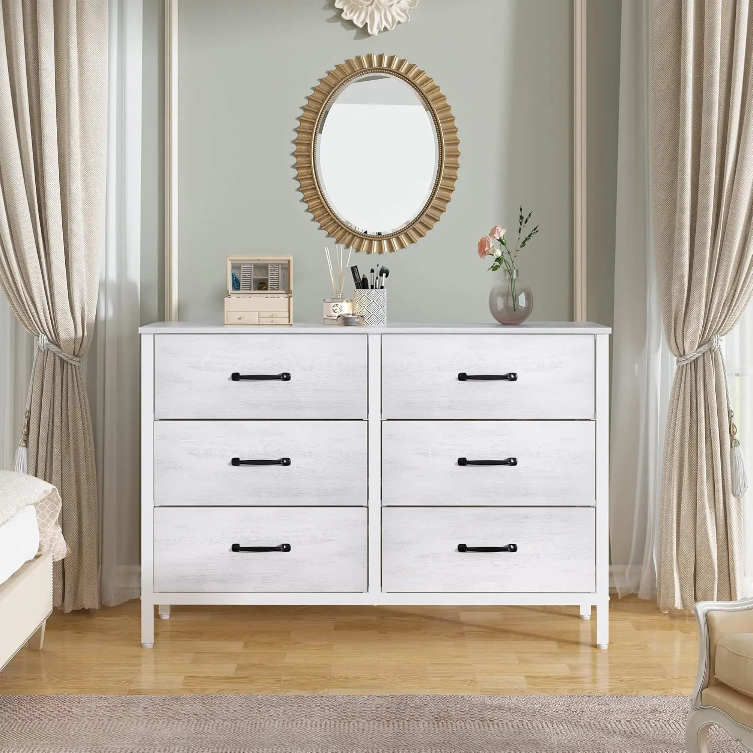 White Dresser with 6 Drawers, Wide Dresser for Bedroom and 50 Inch TV, with Metal Frame, Wood Top, Fabric Drawer Dresser