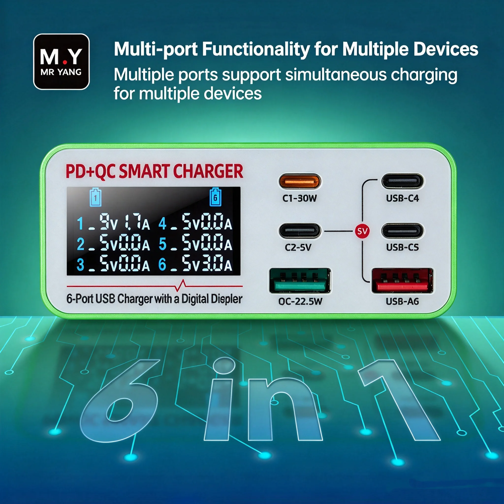 YCS M.Y-D06 6-Port Fast Charging Station Type-C USB QC PD Digital Display Smart Desktop Charger for Phones Laptops Tablets Watch