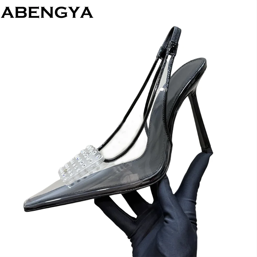 

New Pvc Thin Heels Sandals Women Pumps Slingback Point Toe Party Shoes For Woman Summer Gladiator Sandals Woman 2025