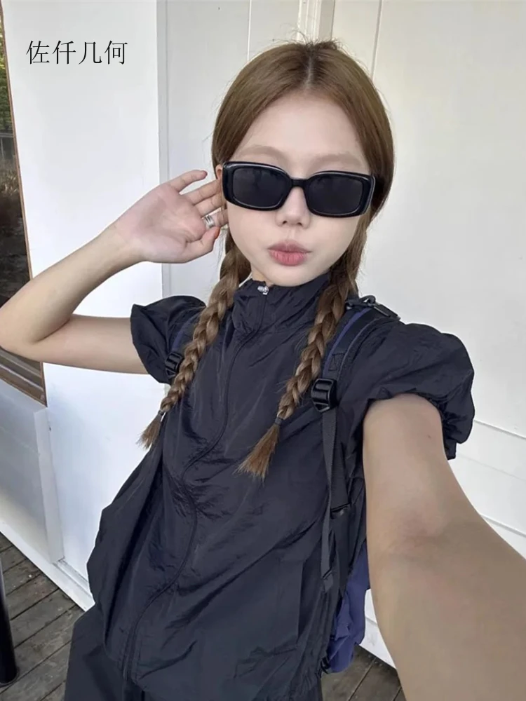New American Vintage Jackets Women Solid Short Sleeve Sun-proof Coats Female Summer Thin Zipper Quick Drying Jacket
