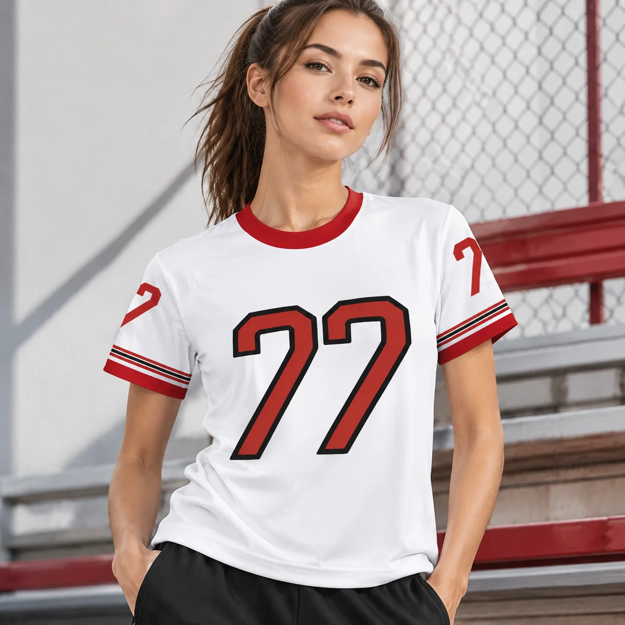 Men Vintage Number 77 Print Short Sleeve Jersey T‑Shirt, Striped Cuff Crew Neck Unisex Mesh Sport Tee Casual Street Training Top