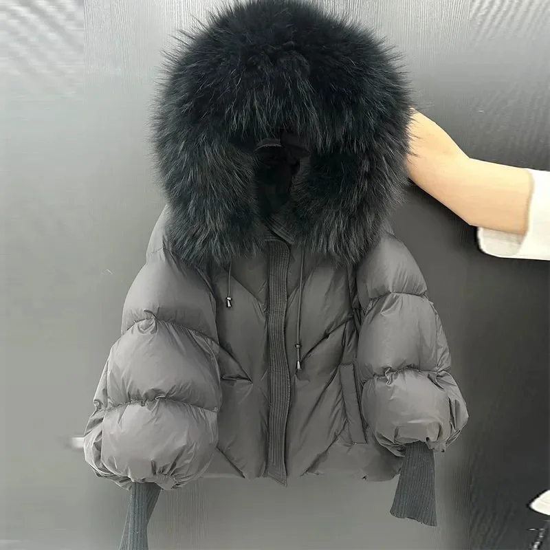 2025 New Winter Large Fur Hooded Puffer Jacket Women Thicken Warm Knitted Sleeve Coat White Duck Down Mid Long Snow Parka
