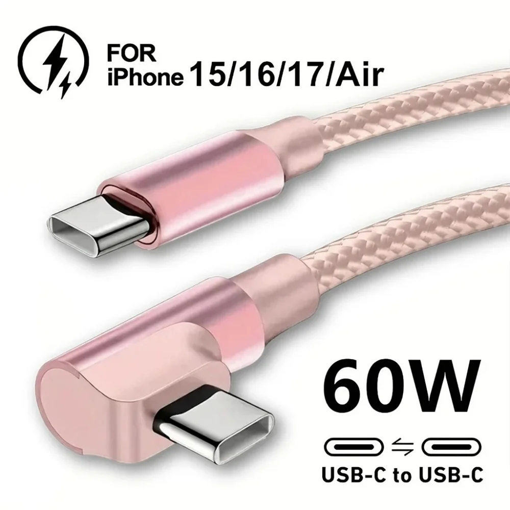 60W 90 Degree Elbow USB C Fast Charging Cable For iPhone 17 16 15 Pro Max Samsung Xiaomi POCO OnePlus Nylon Braided Type C Cord