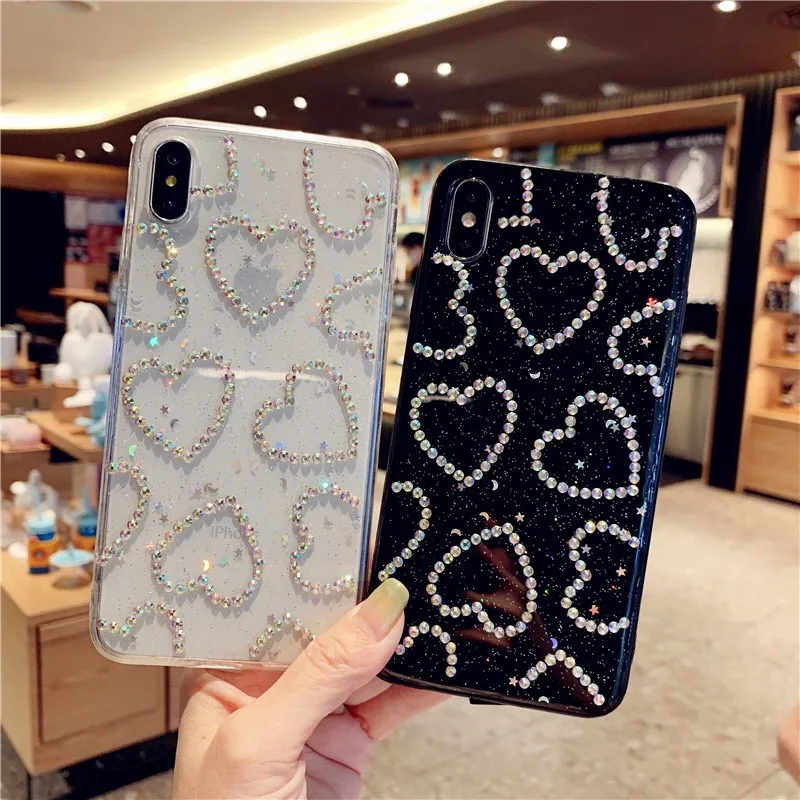 Epoxy Handa Glitter Love Heart Rhinestone Phone Case For iPhone12 13 14 15pro 13promax X XS XR Max 7 8 Plus