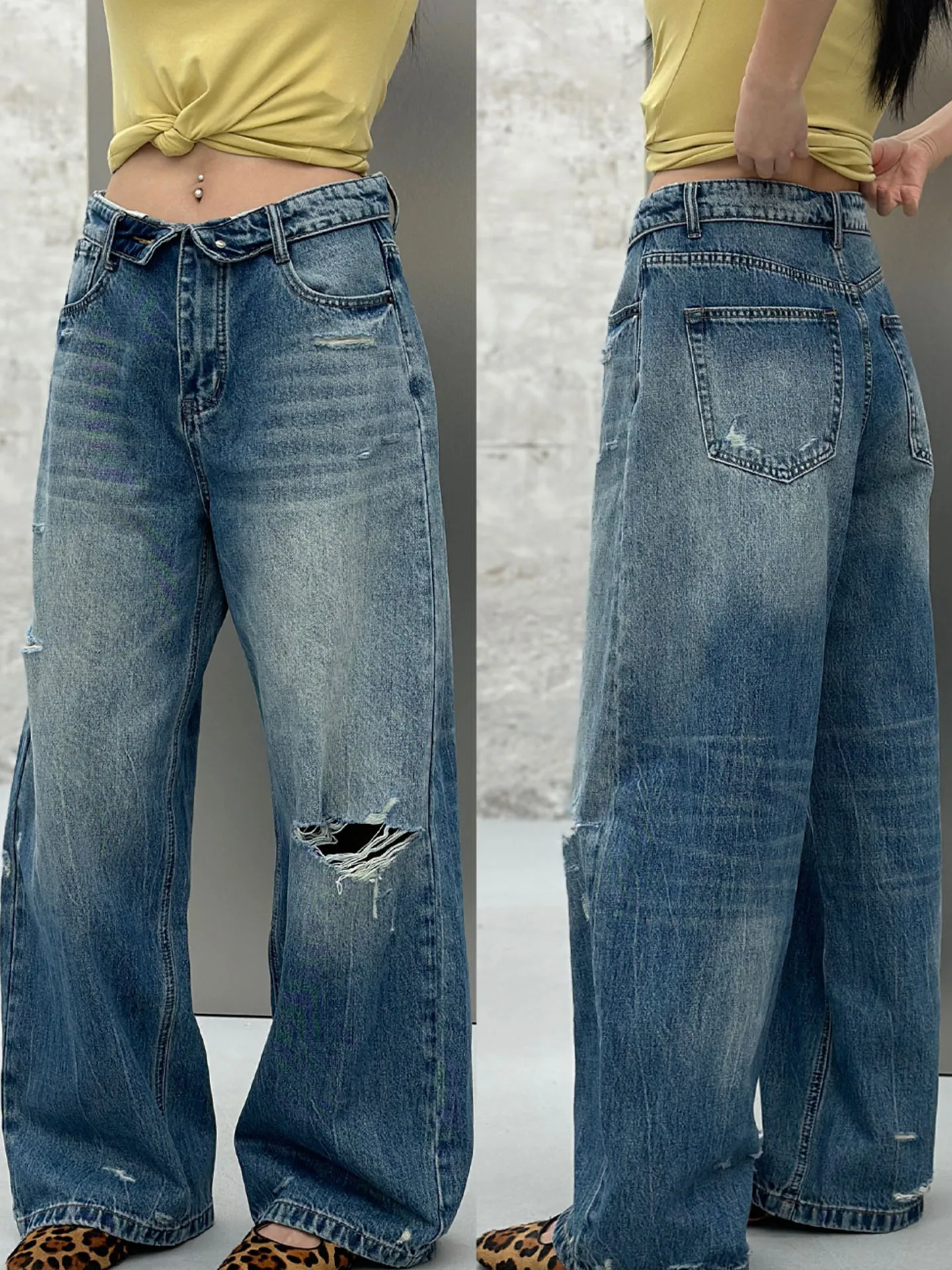 

Fashionable High-Waist Distressed Denim Jeans Spring Season Versatile Distressed Jeans Ladies Loose Fit Cotton Blend