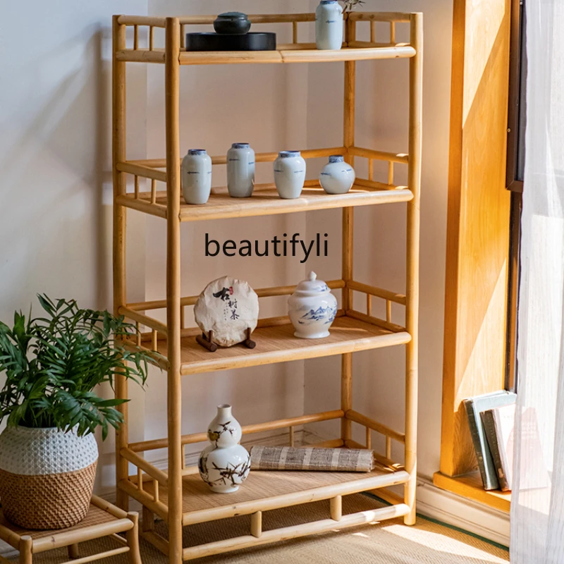 

LBX Rattan Bookshelf Display Cabinet Zen Floor Bookcase Multi-Layer Shelf Antique Shelf B & B Tea Room Decoration