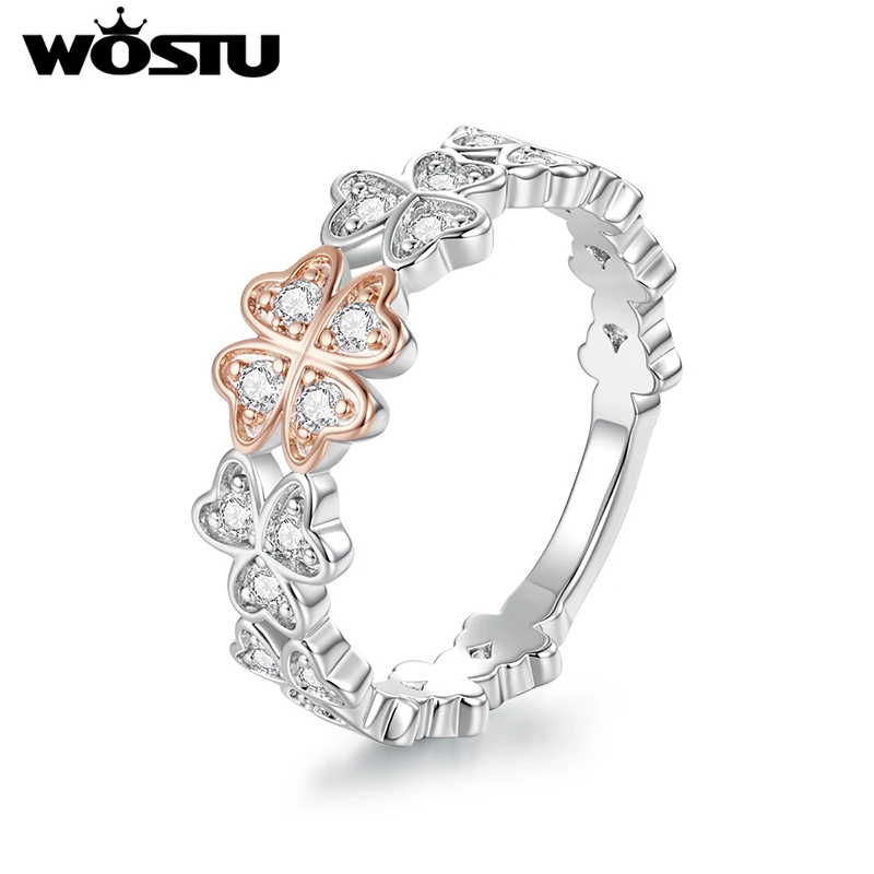 WOSTU Two-tone Platinum Rose Gold Plated Clover Band Ring For Women, Elegant Zircon Rings Annivesary Jewelry Gift Hypoallergenic