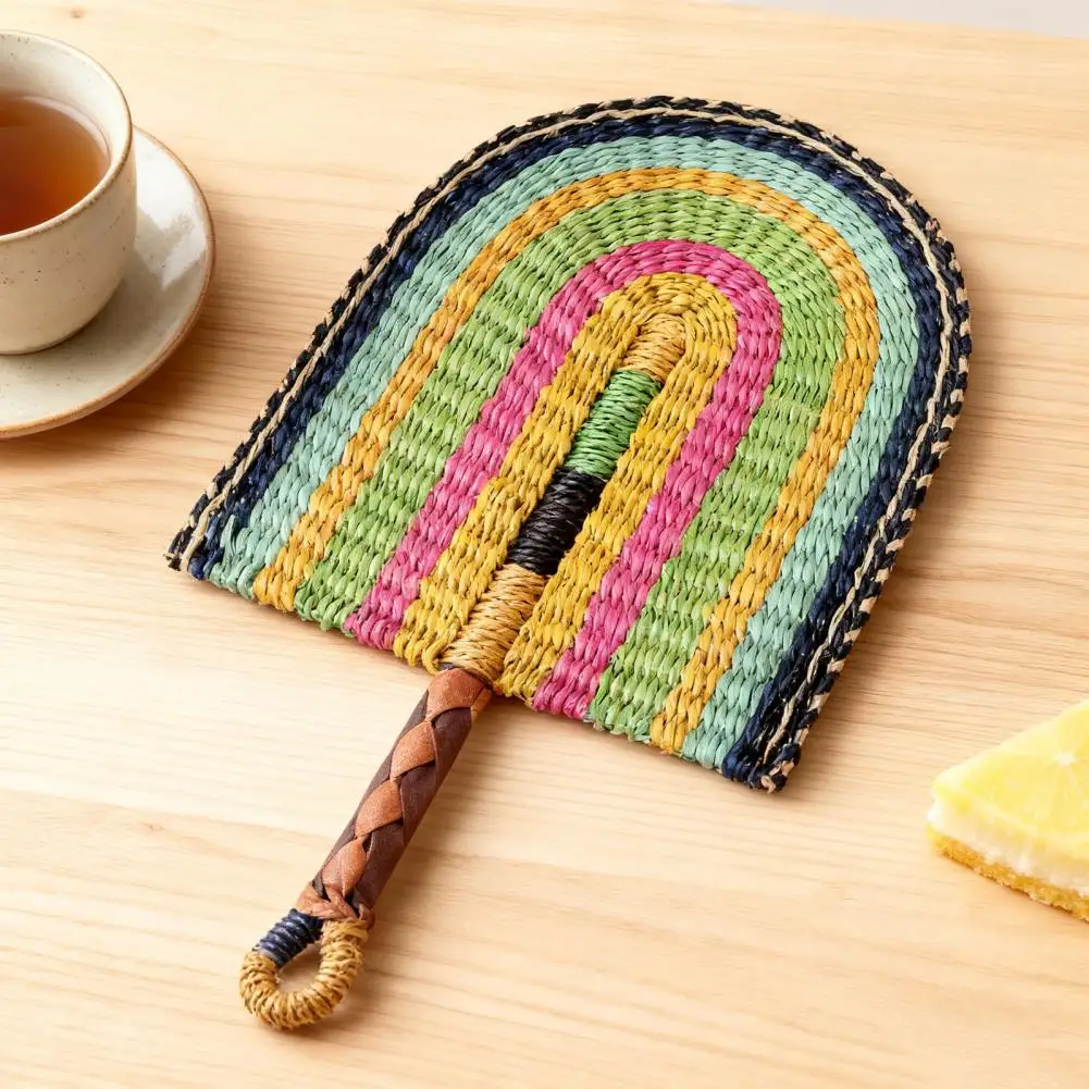 Semiellipse Woven Fan Natural Sea Grass Raffia Fan with Long Handle Handmade Straw Weaving Fan Summer Party Wall Hanging Decor