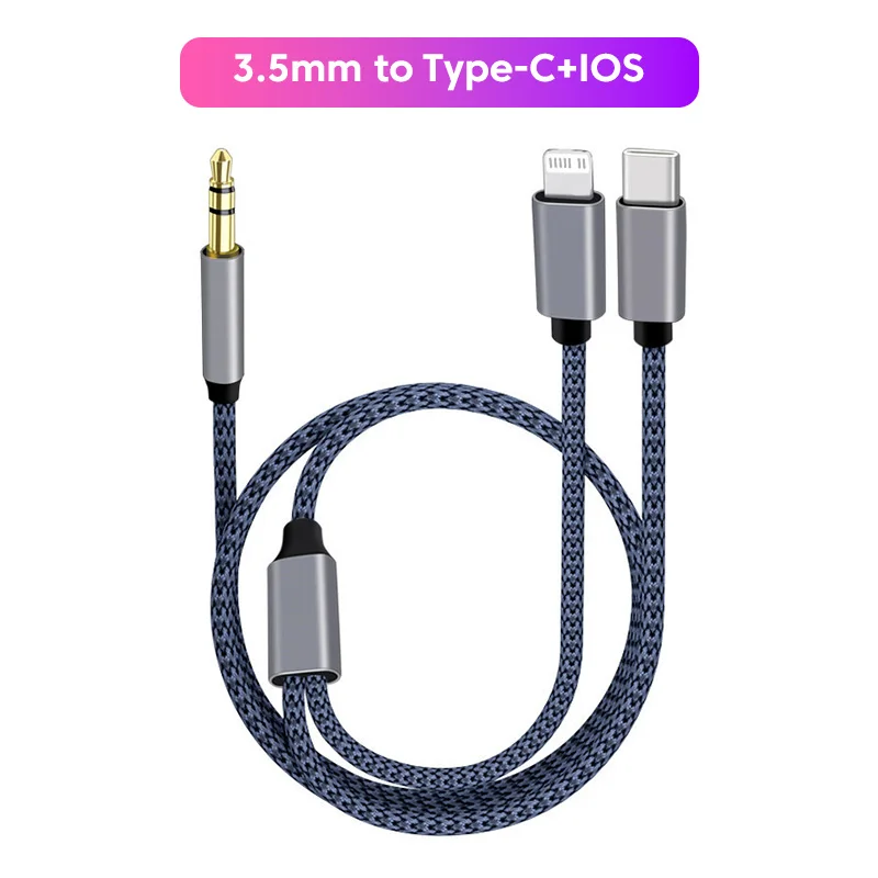 2-in-1 Aux-Audiokabel Typ C/Lightning auf 3,5-mm-Klinkenkabel für Auto-Kopfhörer, Telefon, USB-C, iOS zu 3,5-mm-Aux-Konverter-Klinkenkabel