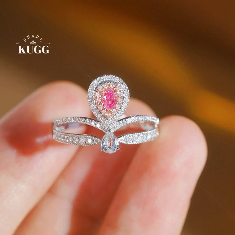 

Кольца KUGG из 100% белого золота 18 карат, белый сапфир, натуральный розовый бриллиант, кольцо для женщин, романтический дизайн короны, обручальные украшения