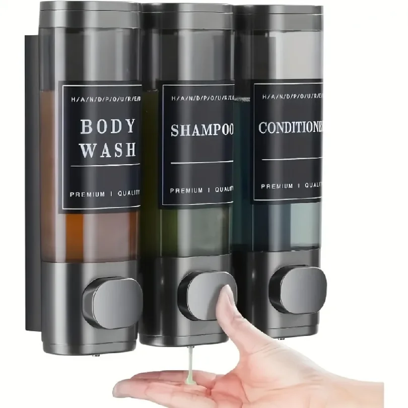 Dispensador Triple de Champú y Acondicionador de 300 ml, Dispensador de Jabón Montado en la Pared, Dispensador de Gel de Ducha, Sin Perforaciones, para Baño