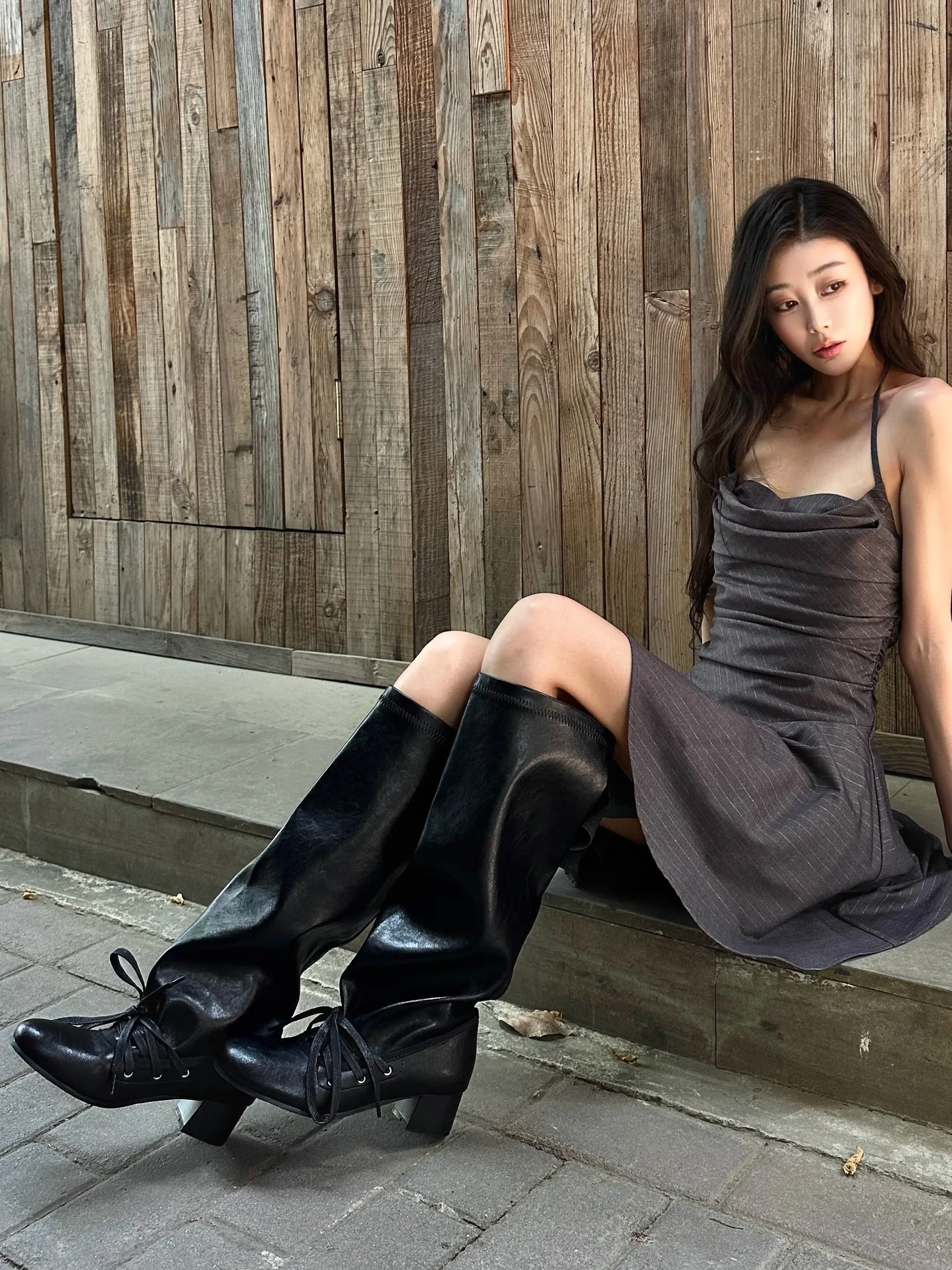 

Мягкие кожаные брючные сапоги на шнуровке в стиле ретро, длинные ботинки на блочном каблуке и платформе с острым носком, байкерские сапоги до колена с высоким берцем, Botas Femininas